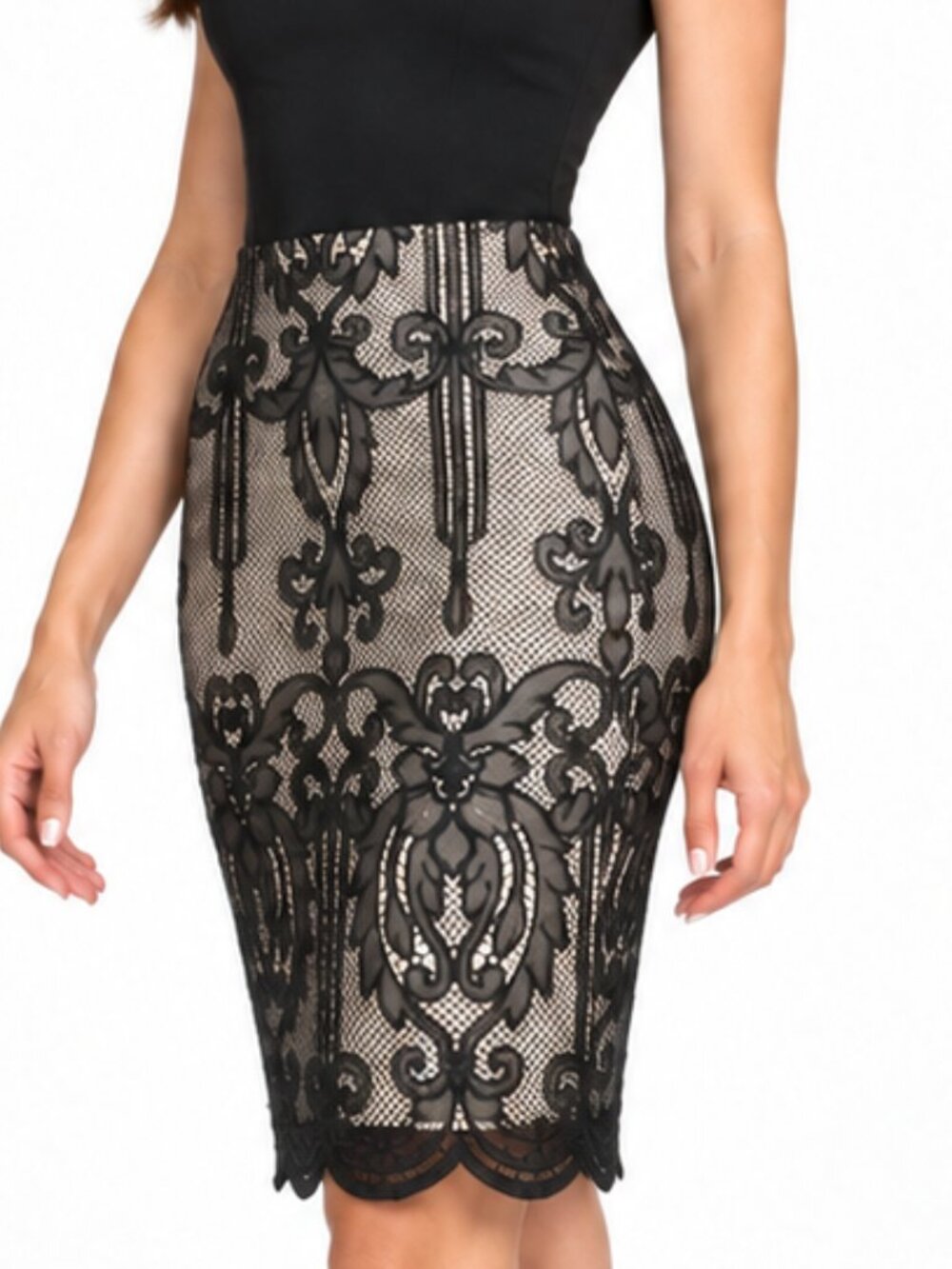 REISS Black Lace Overlay Midi Pencil Skirt | US 6 / UK 10
